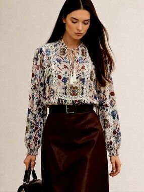 NEWOT🐞LAVA Boho White Floral Puff Sleeve Blouse with Lace & Tassels Tie Sz: L
